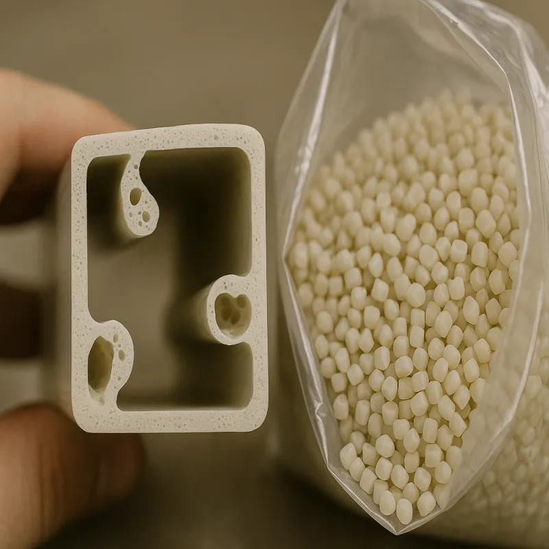 A cross-section of a plastic part showing internal voids and bubbles, with a bag of plastic pellets nearby
