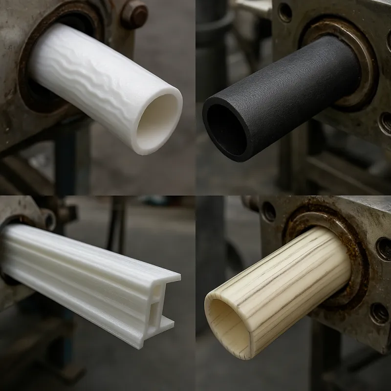 An image collage showing close-ups of melt fracture, sharkskin, and die lines on plastic pipes or profiles