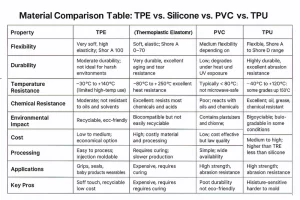 A comparison table infographic showing TPE material vs. Silicone material vs. PVC materialvs. TPU material