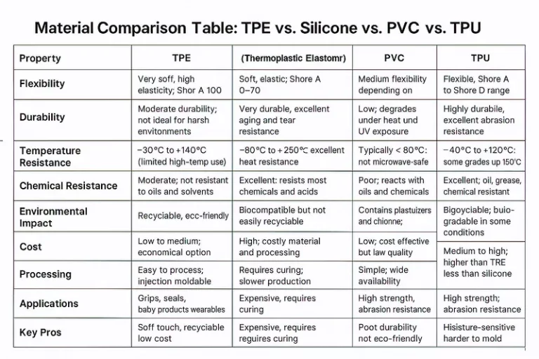 A comparison table infographic showing TPE material vs. Silicone material vs. PVC materialvs. TPU material