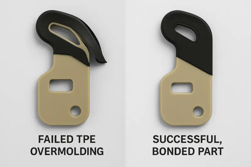 A side-by-side photo showing failed TPE overmolding with delamination and a successful, bonded part