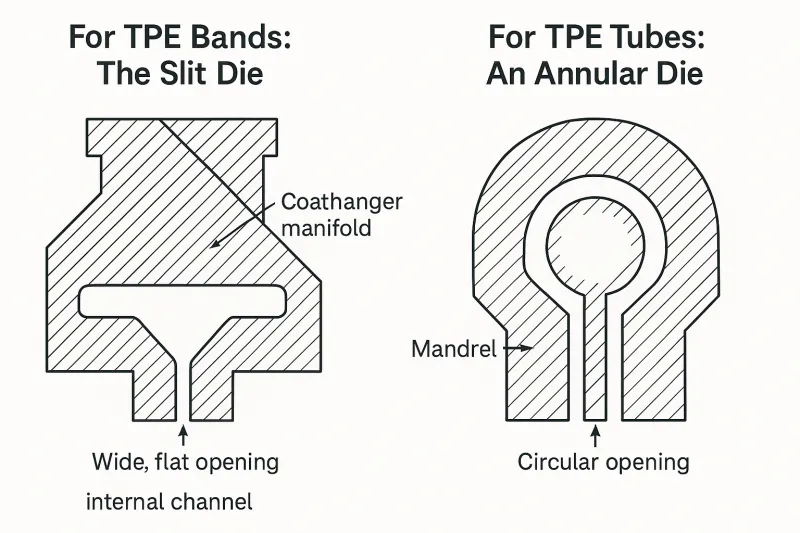technical drawings of a TPE slit die and a TPE annular die