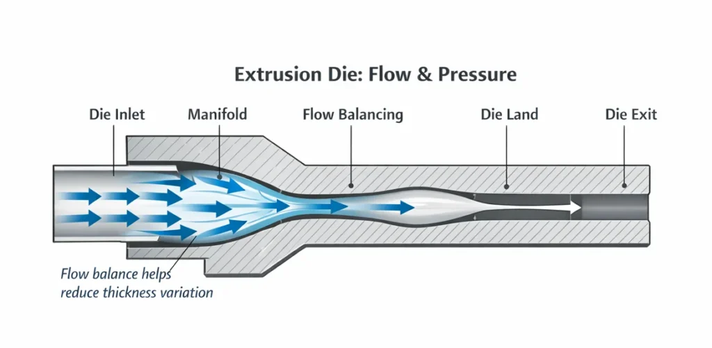 Extrusion die schematic showing melt flow path, flow balancing region, die land, and die exit