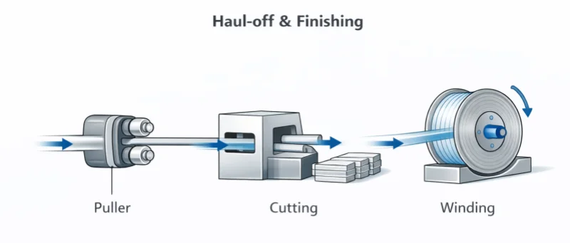 Haul-off and finishing in plastic extrusion showing puller, cutting, and winding sequence