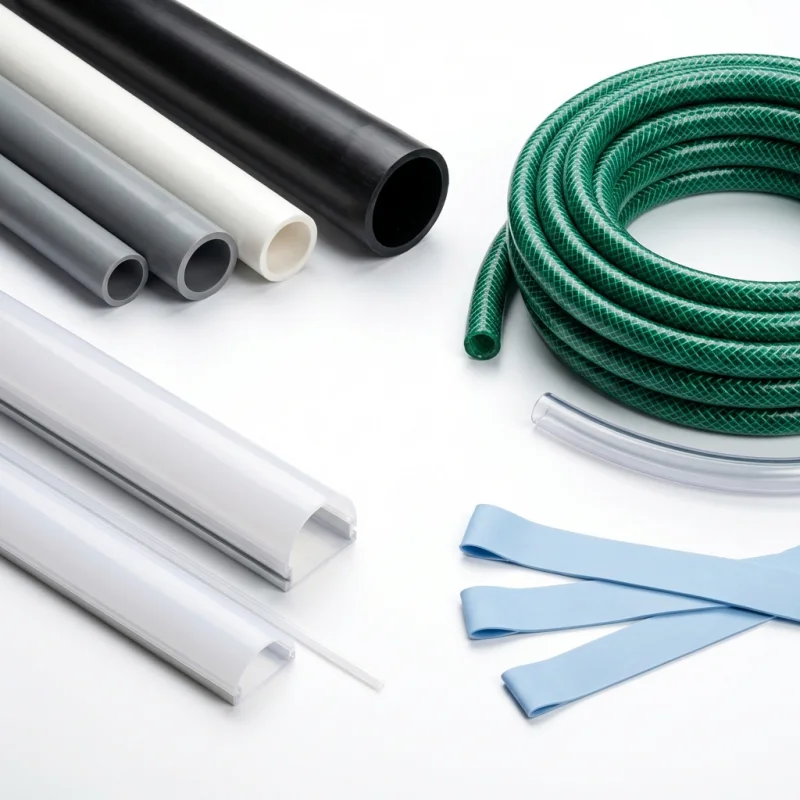 Various plastic extrusion products including pipes, hoses, profiles and strips