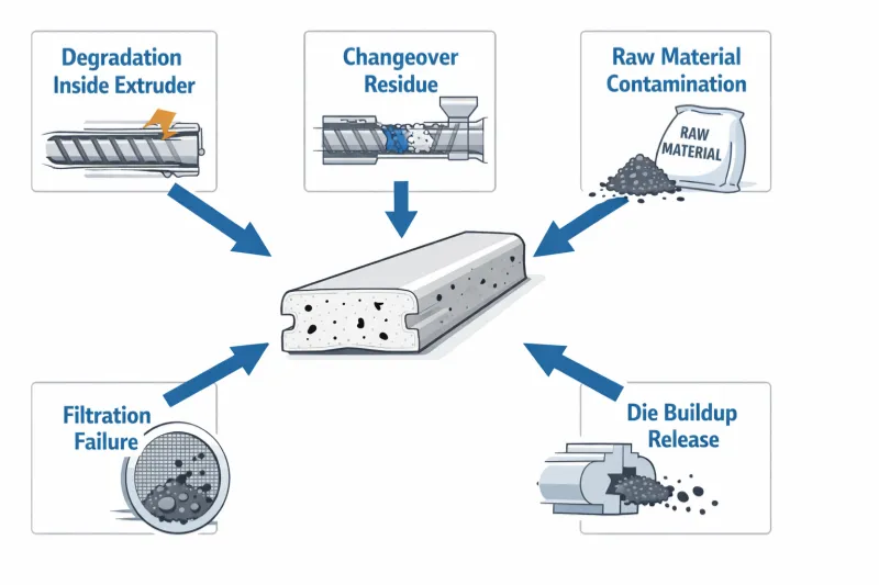 Points noirs dans le diagramme d'extrusion indiquant la dégradation, les résidus, la contamination des matières premières, l'échec de la filtration et les sources d'accumulation dans la filière.