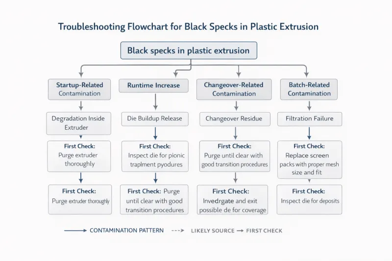 Organigramme de dépannage des taches noires dans l'extrusion reliant les schémas de contamination aux sources probables