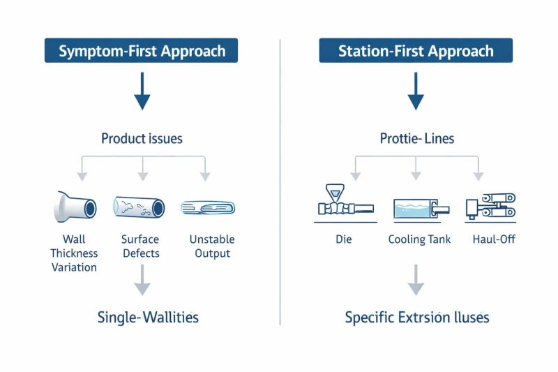 Infographie comparative montrant les approches de dépannage par symptôme d'abord et par station d'abord dans l'extrusion des matières plastiques.