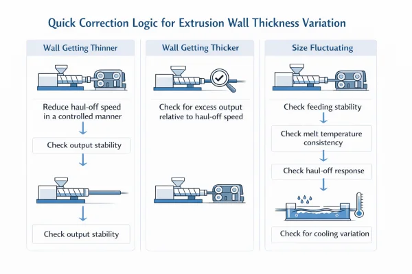 Infographie de correction montrant comment réagir lorsque la paroi d'extrusion s'amincit, s'épaissit ou fluctue.