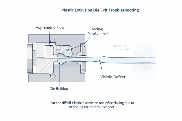 Dépannage de la sortie de filière dans l'extrusion plastique montrant un écoulement inégal et une forme de produit asymétrique avant l'étalonnage