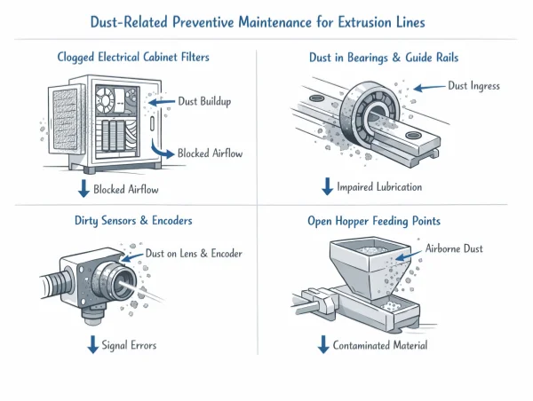 Профилактическое обслуживание экструзионных линий, связанное с пылью, затрагивающее фильтры, подшипники, датчики и места загрузки бункеров