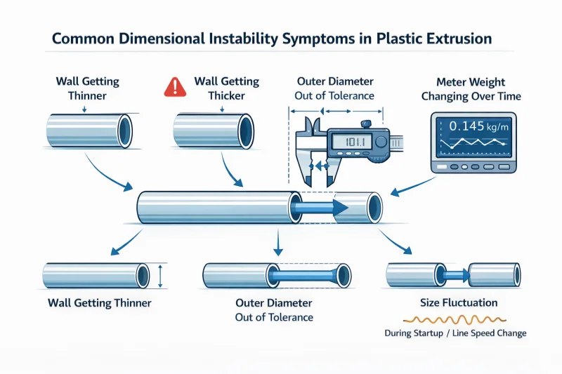 Symptômes de variation de l'épaisseur de la paroi d'extrusion montrés dans l'extrusion plastique, y compris paroi plus fine, paroi plus épaisse, dérive du diamètre extérieur, changement de poids au mètre et fluctuation de la taille.