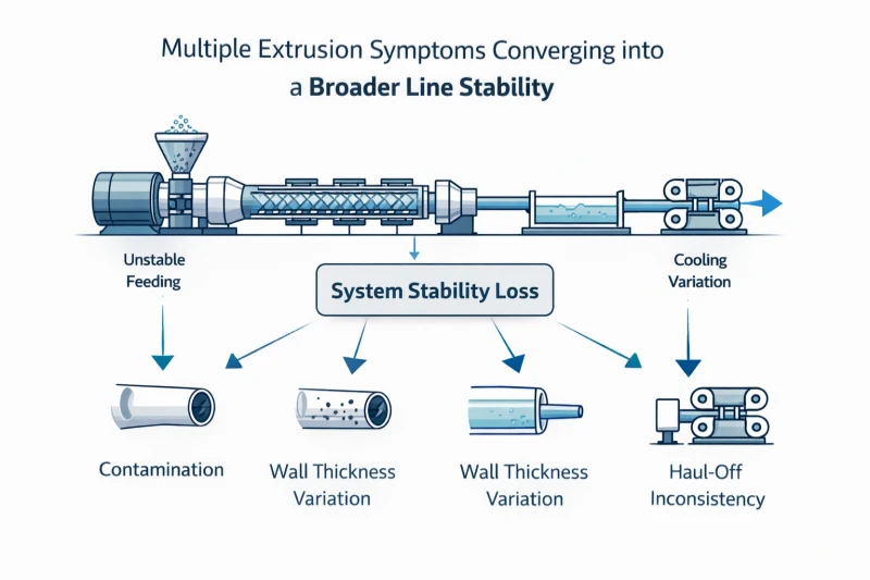 Infographie technique montrant comment de multiples symptômes d'extrusion indiquent ensemble un problème plus large de stabilité de la ligne.