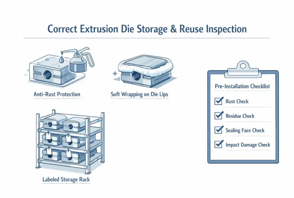 Inspection du stockage et de la pré-installation des filières d'extrusion montrant la protection contre la rouille, le stockage en rack étiqueté et les contrôles de l'état de surface