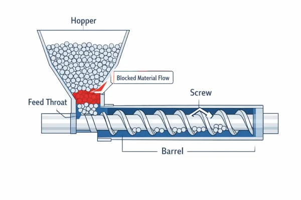 Diagramme d'alimentation de l'extrudeuse ne montrant pas le flux de matériau interrompu entre la trémie et la gorge d'alimentation