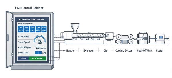 Extrusion line control system with PLC cabinet and HMI touch screen displaying real-time production parameters