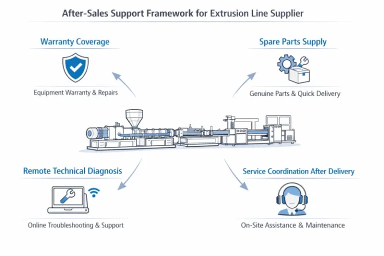 Extrusion line after-sales support framework showing warranty, spare parts, remote diagnosis, and service coordination