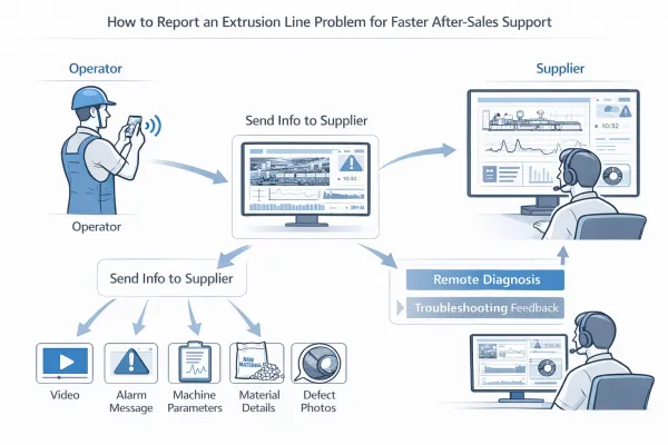 Рабочий процесс создания отчетов о неисправностях экструзионной линии с отображением видео, аварийных данных, параметров процесса и удаленной технической диагностики