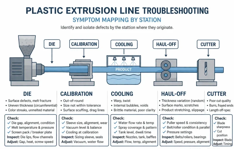 Dépannage de l'extrusion par diagramme de station montrant la filière, l'étalonnage, le refroidissement, le transport et la coupe.