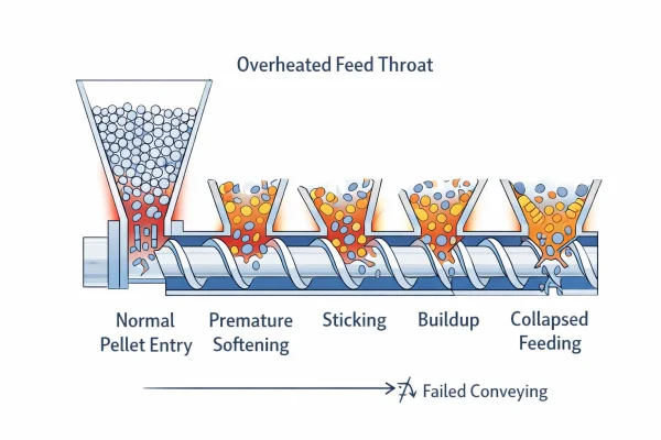 Surchauffe de la gorge d'alimentation dans l'extrusion entraînant un ramollissement précoce des granulés et bloquant l'alimentation normale