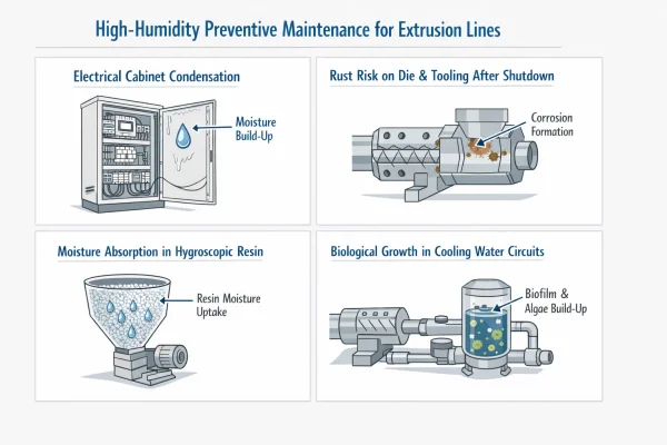 Профилактическое обслуживание экструзионных линий при высокой влажности, включая конденсацию влаги в шкафу, ржавчину на инструментах, влажность смолы и загрязнение охлаждающей воды