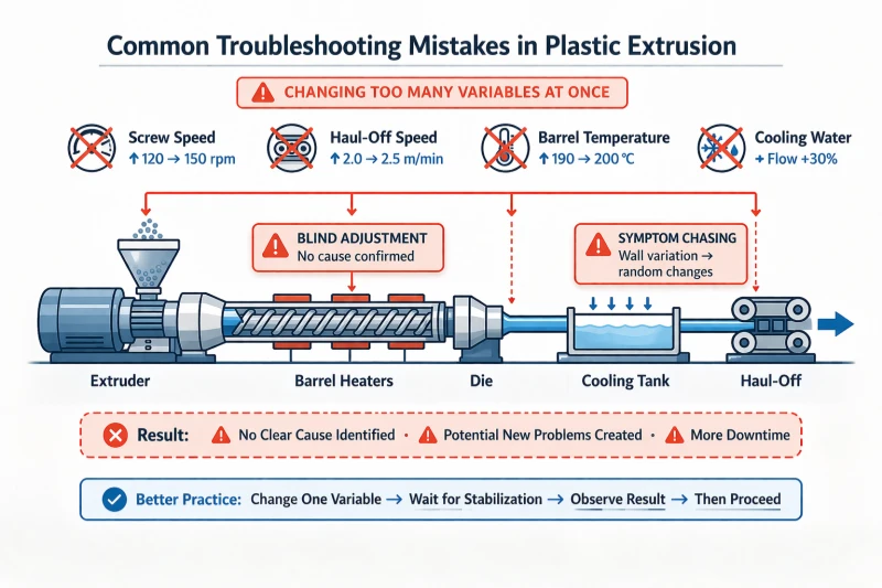 Infographie montrant les erreurs courantes de dépannage de l'extrusion, telles que la modification simultanée de la vitesse de la vis, de la vitesse de tirage et de la température.