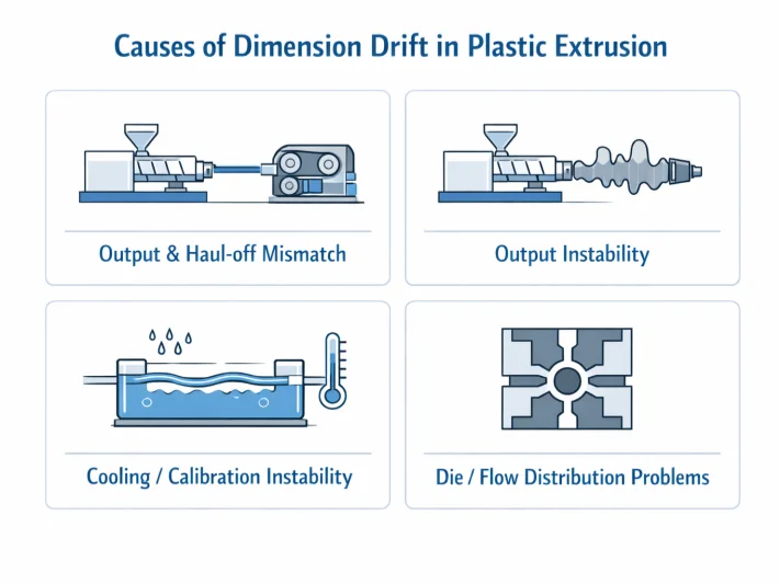 Infographie montrant les quatre principales causes de la dérive des dimensions de l'extrusion : décalage de la ligne, sortie instable, instabilité du refroidissement et problème de répartition du flux dans la filière.