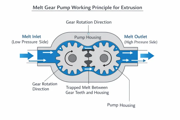 Diagrama do princípio de funcionamento da bomba de fusão mostrando o mecanismo de engrenagem de deslocamento positivo