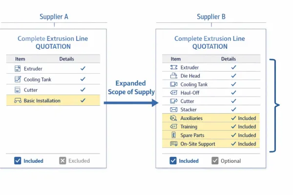 Two extrusion line quotations side by side showing different scope of supply coverage
