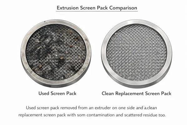 Used extrusion screen pack showing trapped contaminants compared with a clean replacement screen