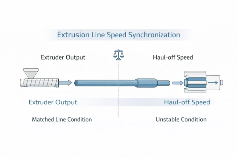 extruder output and haul-off speed synchronization in extrusion line showing matched and unstable conditions