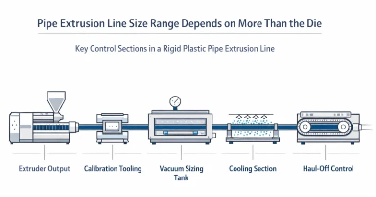 pipe extrusion line size range depends on extruder output calibration cooling and haul-off not just die change.