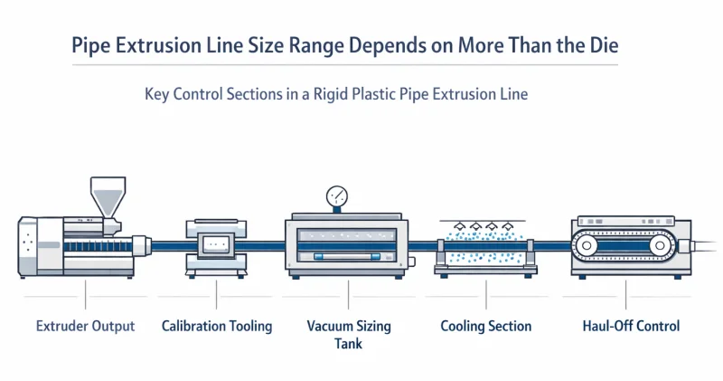 pipe extrusion line size range depends on extruder output calibration cooling and haul-off not just die change.