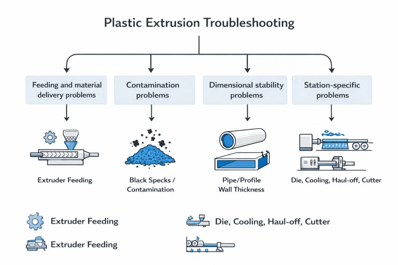 organigramme de dépannage de l'extrusion de plastique montrant les voies de diagnostic dimensionnelles et basées sur les stations en cas de contamination par l'alimentation